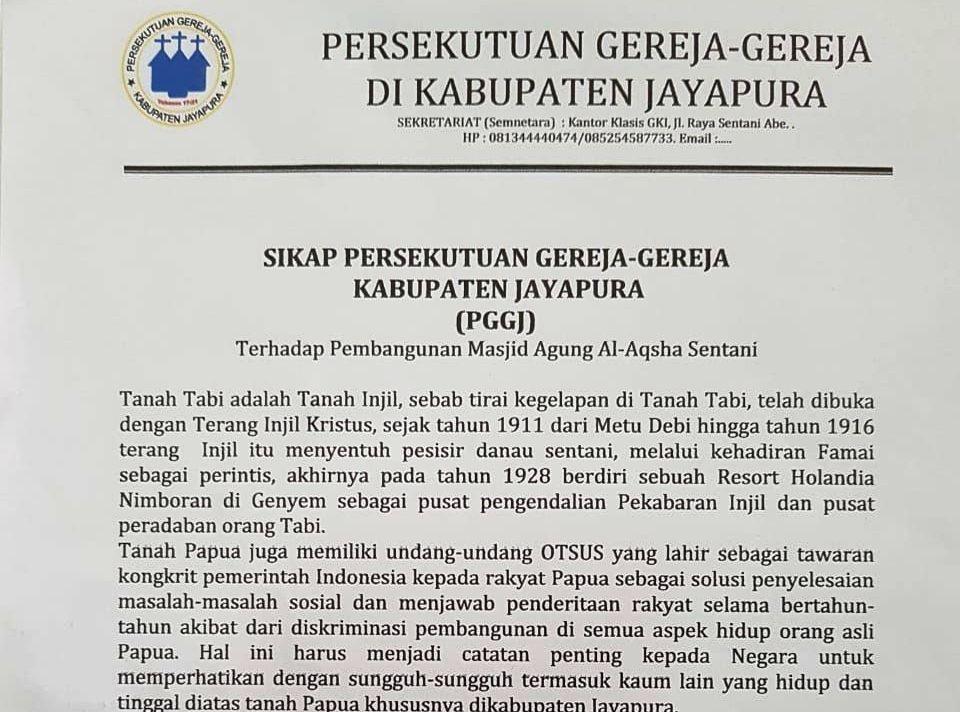 Surat pernyataan sikap Persatuan Gereja-Gereja di Jayapura, Papua