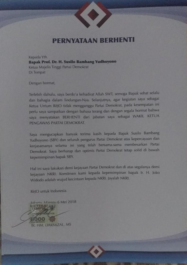 Surat pengunduran diri HM Damrizal