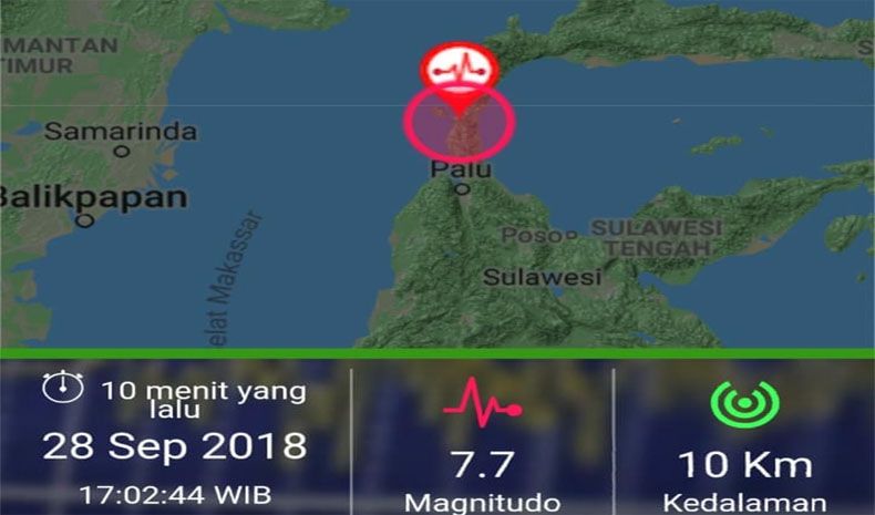 Pusat Gempa berkekuatan 7.7 SR di Palu Sulawesi Tengah, Jumat (28/9).